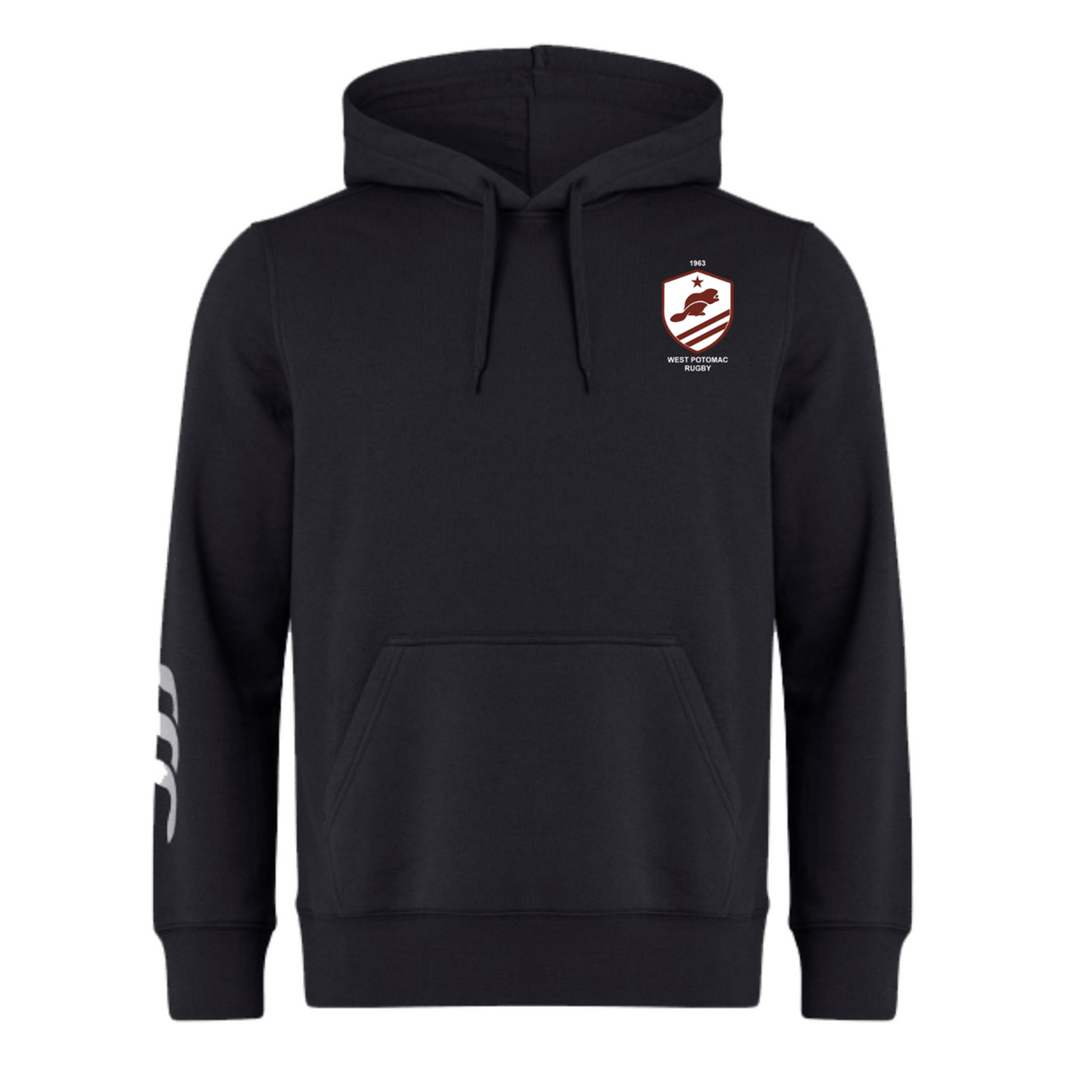 The West Potomac RFC Club Hoodie by WRS Canterbury is a black custom rugby hoodie with a small white and red crest on the left chest and a bold white graphic on the right sleeve.