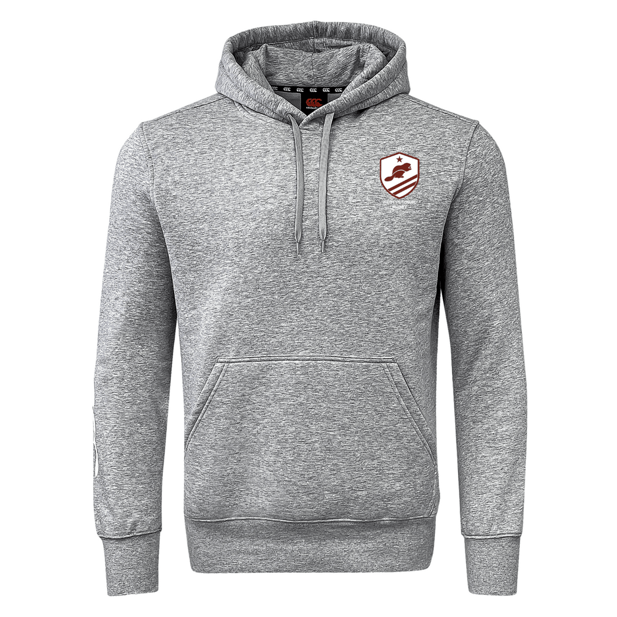 The West Potomac RFC Club Hoodie by WRS Canterbury is a gray custom rugby hoodie with a front pocket, drawstring hood, and a red-and-white crest logo—ideal for displaying your rugby club pride.