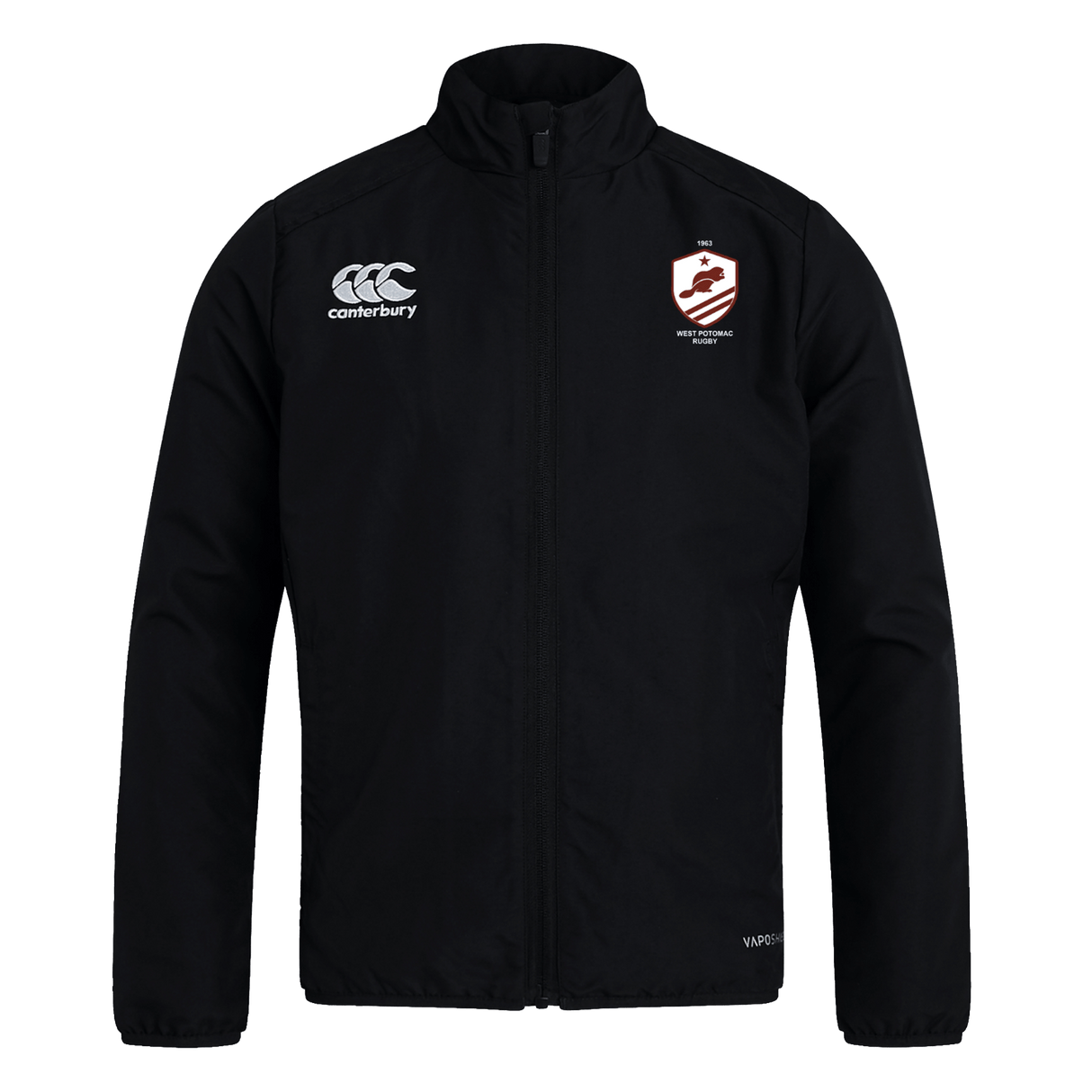 The West Potomac RFC Club Track Jacket by EMB Canterbury is black with a white logo on the right chest and a red and white shield emblem on the left. This lightweight, water-repellent jacket is shown on a plain white background.