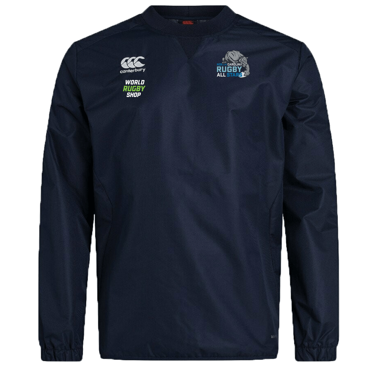 A long-sleeved, dark blue NC All Stars Club Vaposhield Contact Top by EMB Canterbury with logos from EMB Canterbury, World Rugby Shop, and Rugby All Stars embroidered on the front. Featuring water repellent technology and crafted from durable Micro Diamond ripstop fabric.