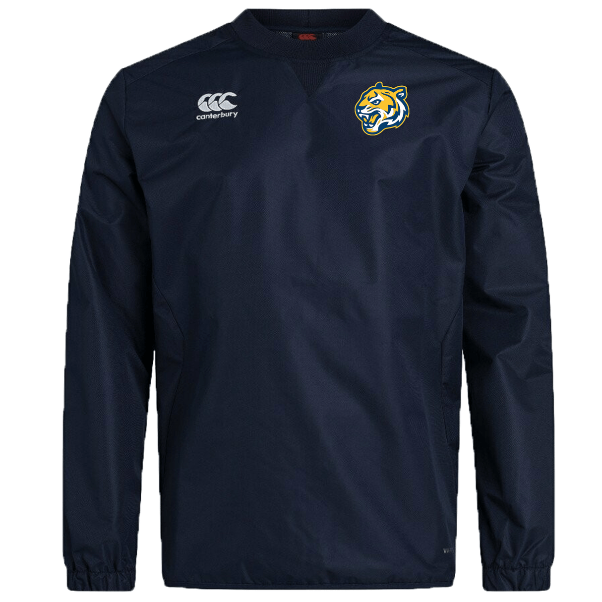 Navy blue long-sleeve Noble Street College Prep Club Vaposhield contact top by EMB Canterbury with a Canterbury logo on the right chest, a team emblem on the left chest, and Vaposhield water repellent technology.