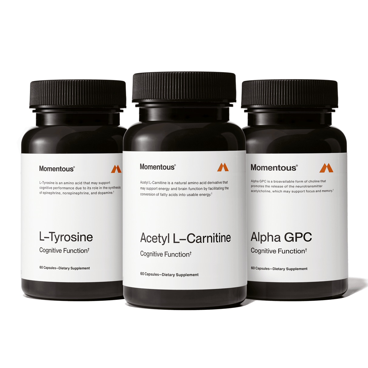 The Momentous Cognitive Power Stack features three black supplement bottles from Momentous, arranged side by side against a white background—ideal for building a nootropic stack to support mental clarity and cognitive enhancement.