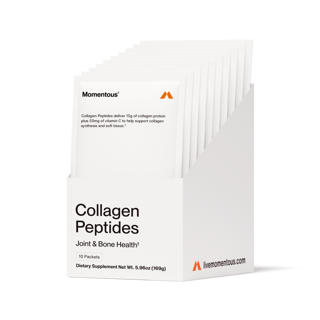 A white box labeled "Momentous Collagen Peptides 10-Travel Packs" contains individual travel packs. The packaging highlights joint and bone benefits, featuring the Momentous brand name and website information.