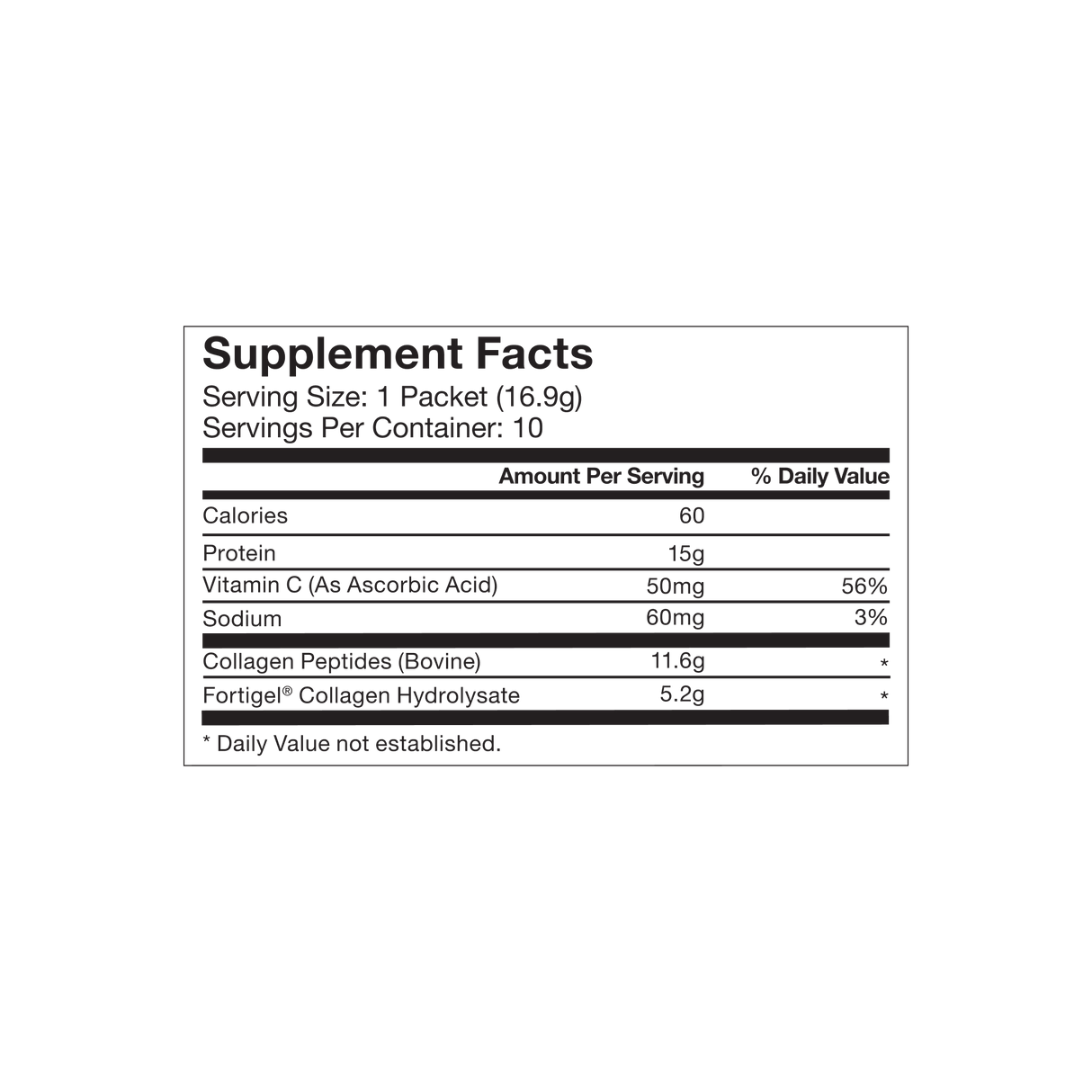 Momentous Collagen Peptides 10-Travel Packs by Momentous features a Supplement Facts label showing serving size, calories, protein, vitamin C, sodium, joint health benefits, collagen peptides, and hydrolyzed collagen per convenient pack.