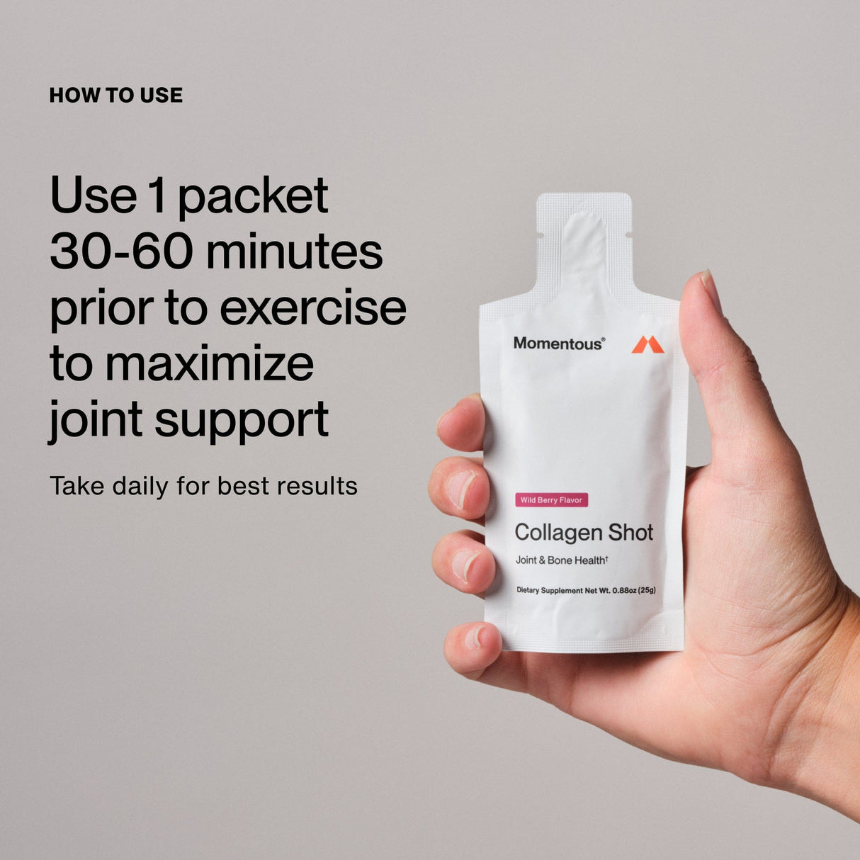 A hand holds a Momentous Collagen Shot 15-Pack; use one packet 30-60 minutes before exercise for joint health or take daily for best results. Contains hydrolyzed bovine collagen peptides. Brand: Momentous.