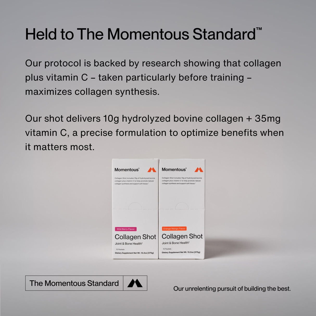 Two Momentous Collagen Shot 15-Packs are displayed on a neutral background, with text highlighting their hydrolyzed bovine collagen peptides and vitamin C to support joint health and overall wellness.