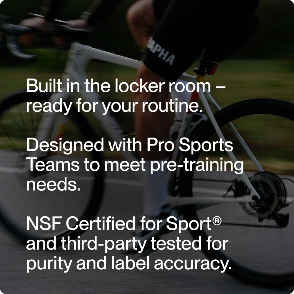 A person rides a white road bike. Text highlights Momentous Collagen Shot 15-Packs by Momentous, noting features like locker room use, pro sports design, NSF Sport certification for purity, and joint health benefits from collagen peptides.