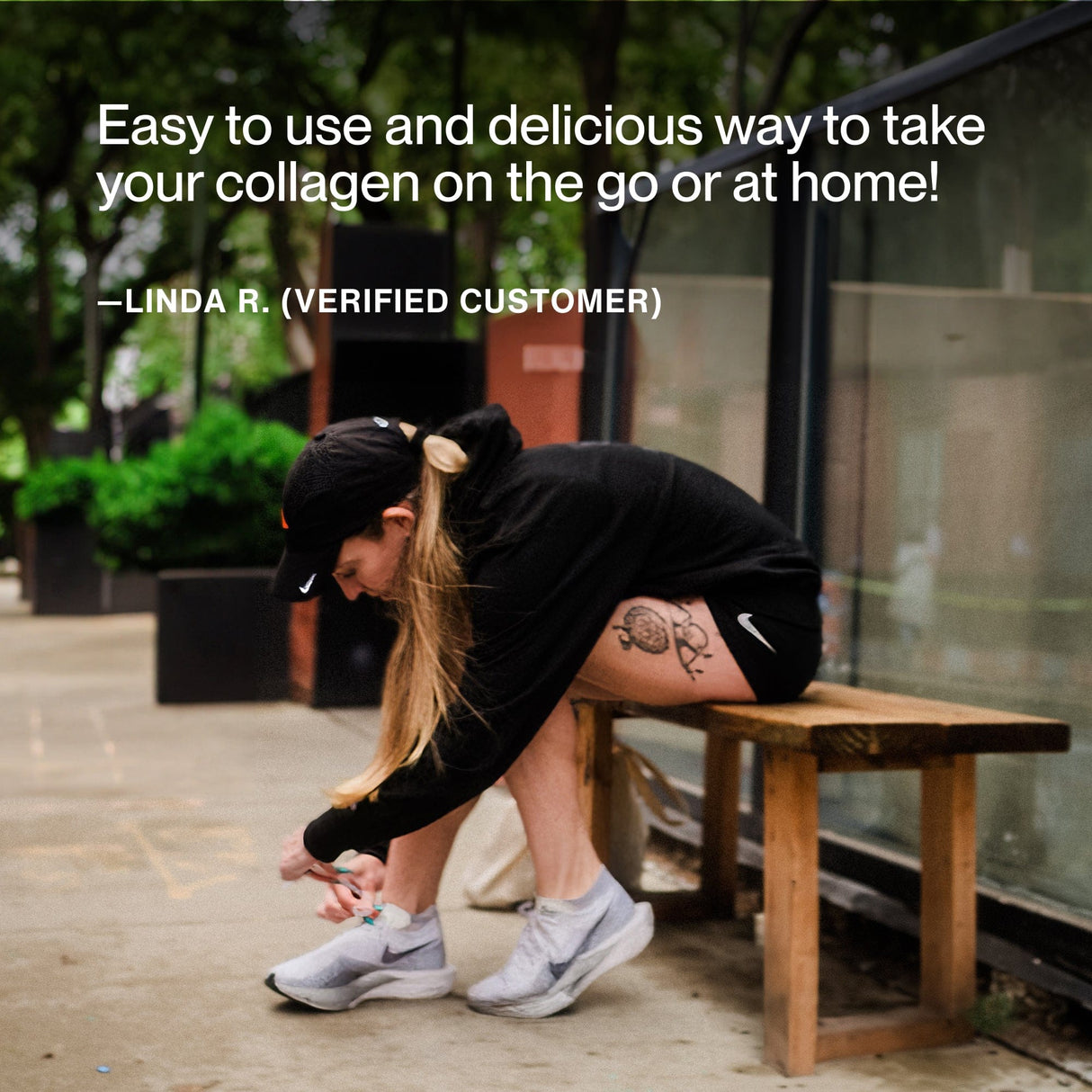 A woman in athletic wear ties her shoe on a bench outdoors. Above, a customer review praises the Momentous Collagen Shot 15-Packs for convenience and joint health support.