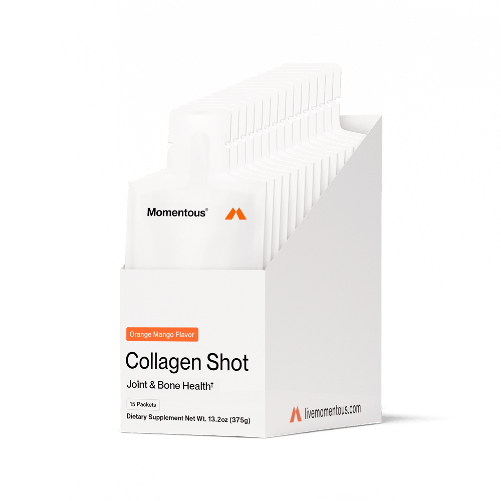 A white carton contains 15 packs of Momentous Collagen Shot by Momentous, Orange Mango Flavor, with hydrolyzed bovine collagen peptides, labeled as a joint and bone health dietary supplement.