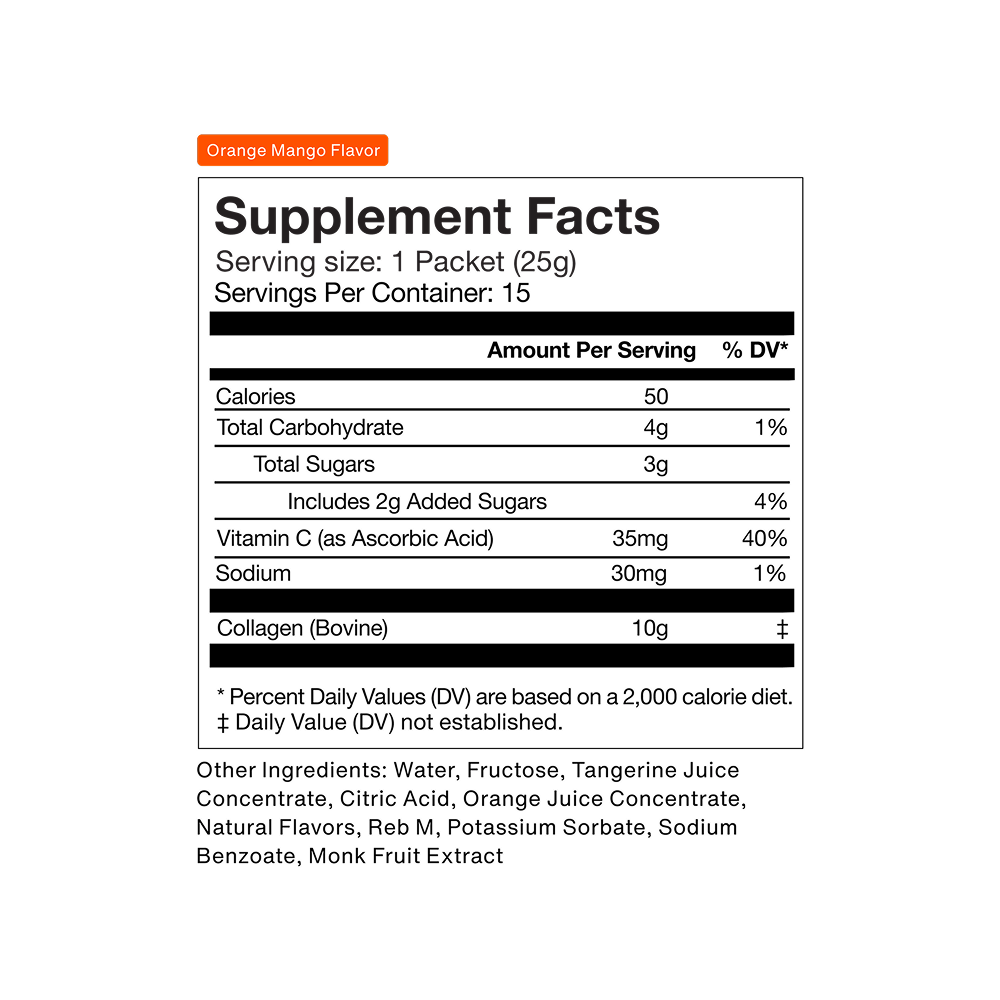 Supplement facts label for the Momentous Collagen Shot 15-Packs by Momentous, orange mango flavor, showing nutrition info per 25g packet and listing ingredients like hydrolyzed bovine collagen peptides to support joint health at the bottom.