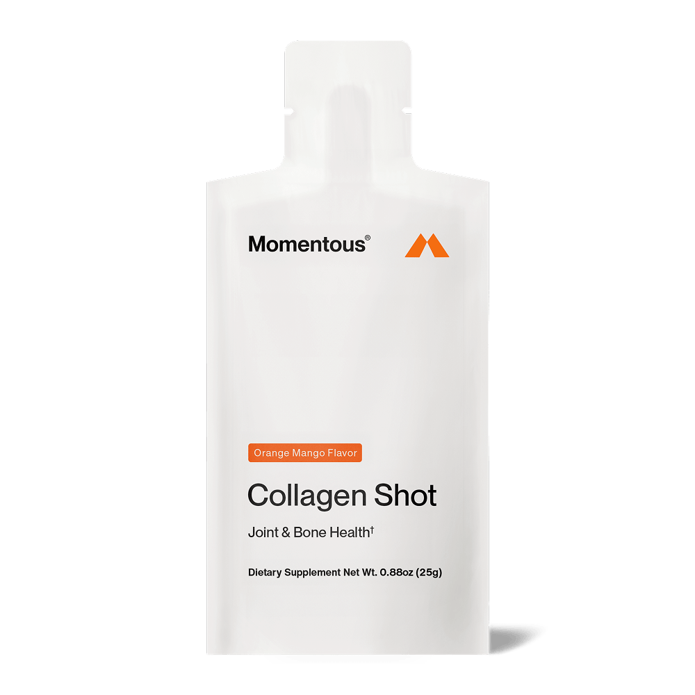A white pouch labeled "Momentous Collagen Shot 15-Packs" by Momentous in orange mango flavor with hydrolyzed bovine collagen peptides for joint and bone support. Net weight: 0.88 oz (25g).