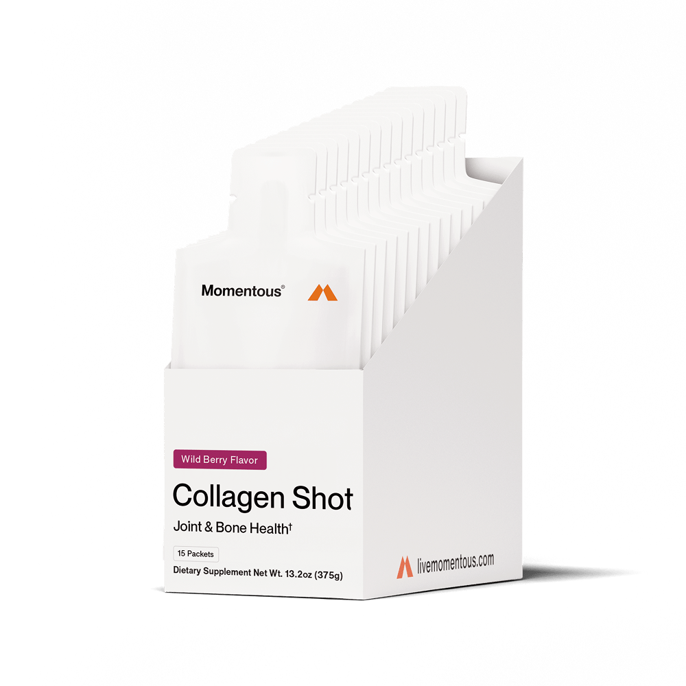 Momentous Collagen Shot 15-Packs by Momentous offers wild berry flavored hydrolyzed bovine collagen peptides for joint and bone support, with 15 dietary supplement packets per box.