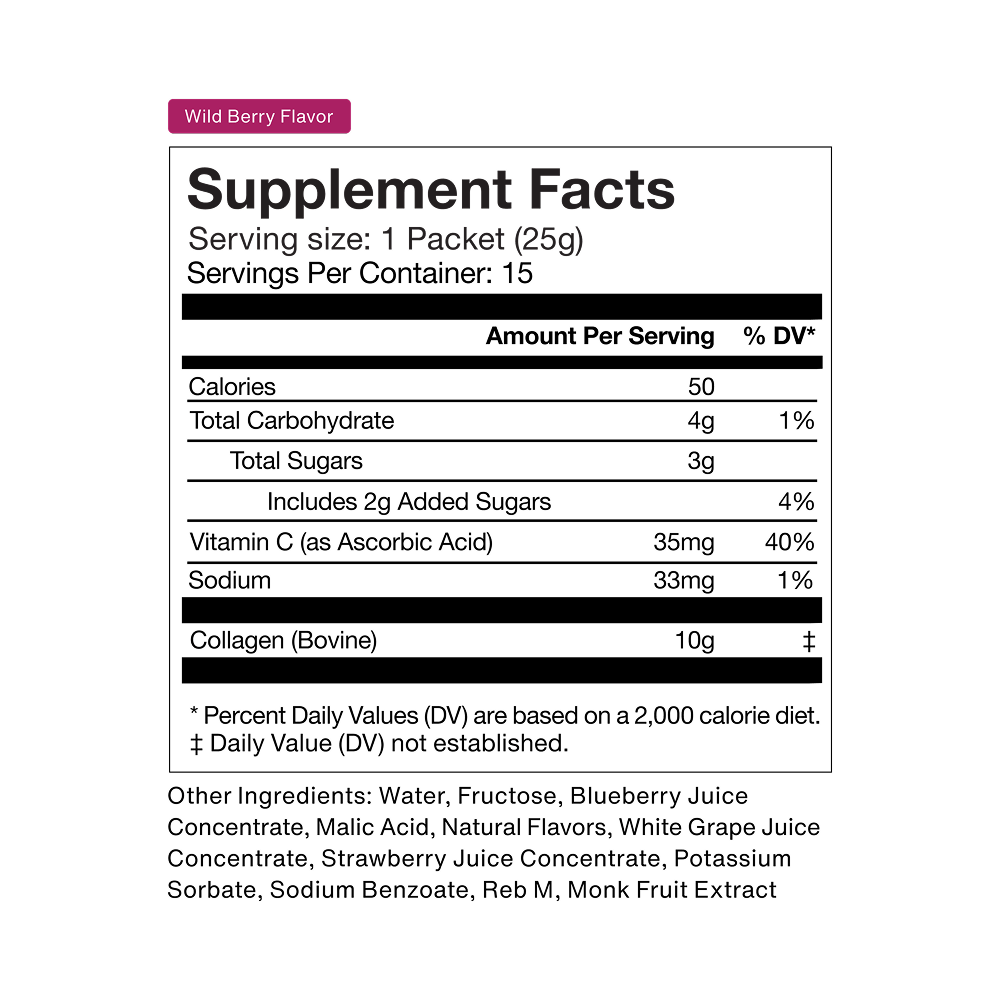 Supplement Facts label for Momentous Collagen Shot 15-Packs wild berry flavor by Momentous, featuring hydrolyzed bovine collagen peptides with nutrition details, ingredients list, and serving info per packet to support joint health.