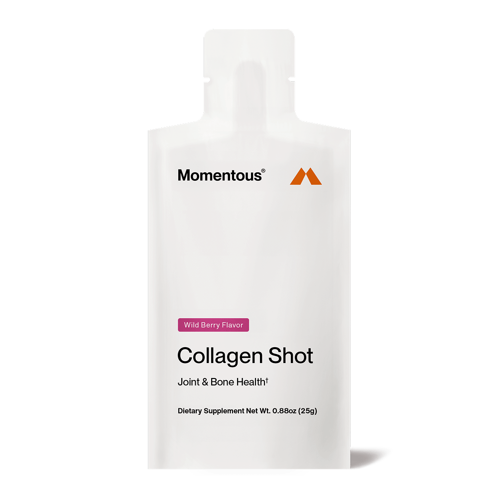 A white pouch labeled "Momentous Collagen Shot 15-Packs" wild berry flavor, by Momentous, contains hydrolyzed bovine collagen peptides for joint and bone health; dietary supplement 0.88 oz (25g).