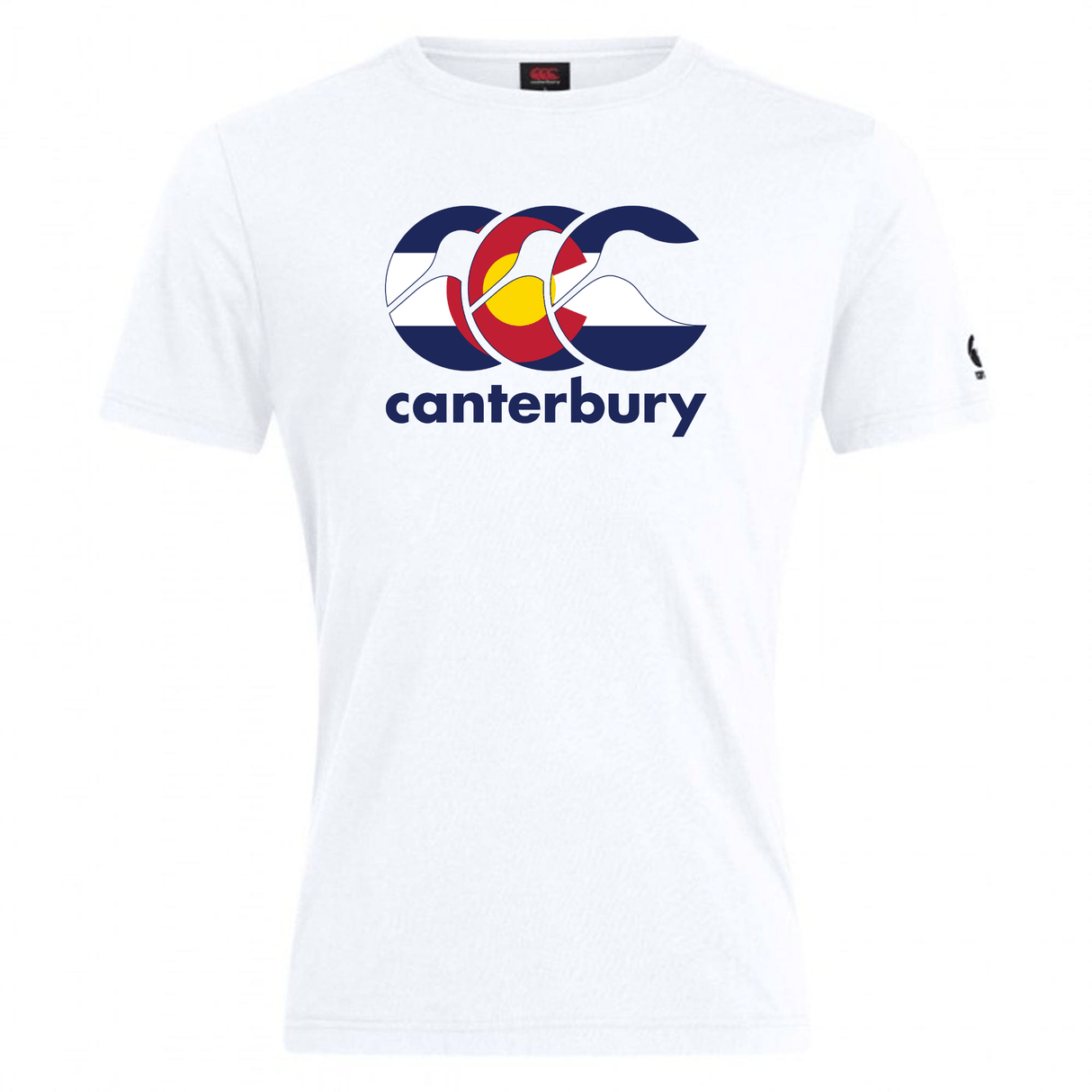 The Canterbury Colorado CCC Flag Club T-shirt by WRS Canterbury features a white tee with a stylized mountain and Colorado flag graphic, plus "canterbury" in blue letters below.