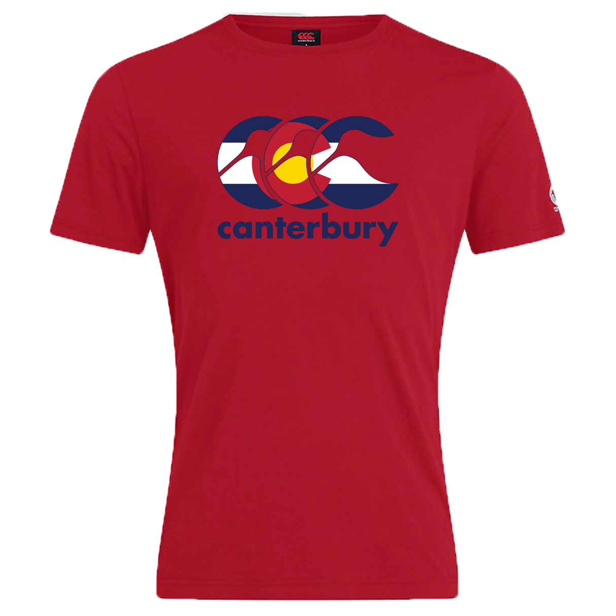 The Canterbury Colorado CCC Flag Club T-shirt by WRS Canterbury features a bold CCC logo with a Colorado flag design and "canterbury" printed below—ideal for fans of Colorado flag shirts.