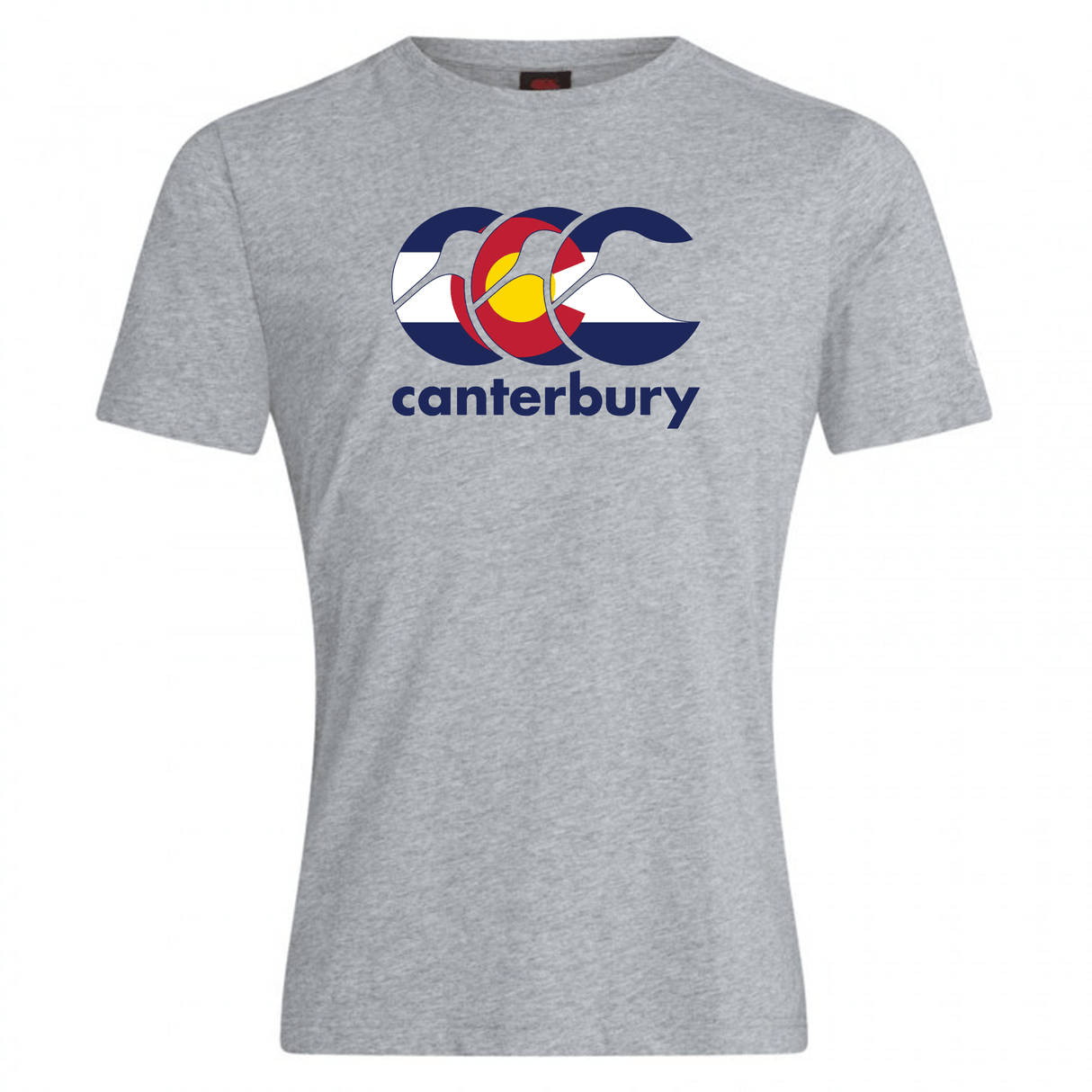 The WRS Canterbury Colorado CCC Flag Club T-shirt features a grey design with a stylized "CCC" logo, mountain and sun graphics, and "canterbury" text—ideal for Canterbury rugby fans or anyone wanting a Colorado flag shirt look.