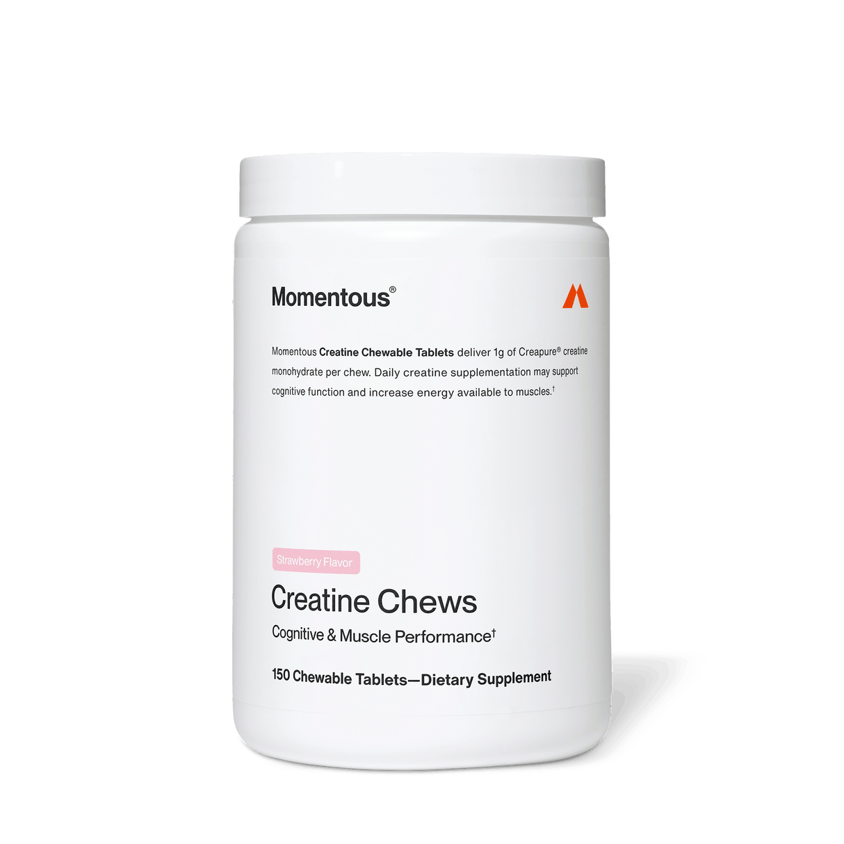 A white container labeled "Momentous Creatine Chews" from Momentous, containing 150 strawberry-flavored chewable tablets with Creapure creatine monohydrate, supports cognitive and muscle performance.