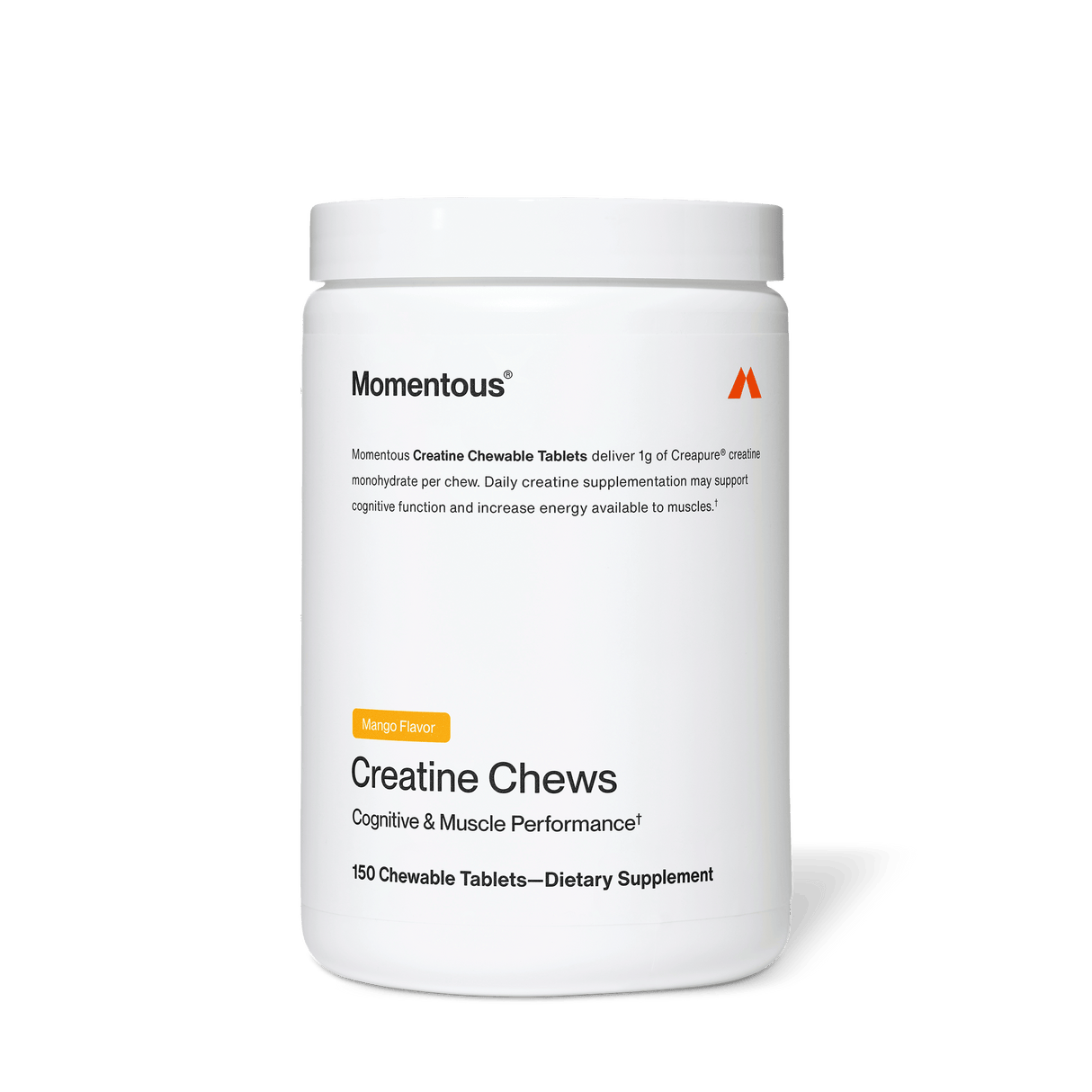 Momentous Creatine Chews by Momentous: white container with 150 mango-flavored, chewable tablets, featuring premium Creapure creatine monohydrate for cognitive and muscle performance.