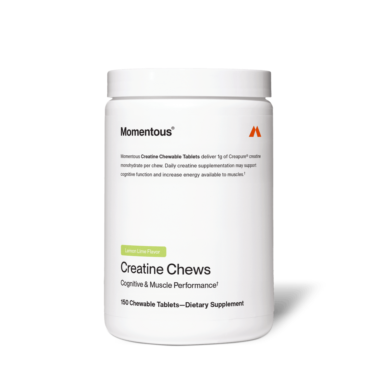 A white container of Momentous Creatine Chews by Momentous, containing 150 lemon lime flavored chewable tablets with Creapure creatine monohydrate, labeled for cognitive and muscle performance.