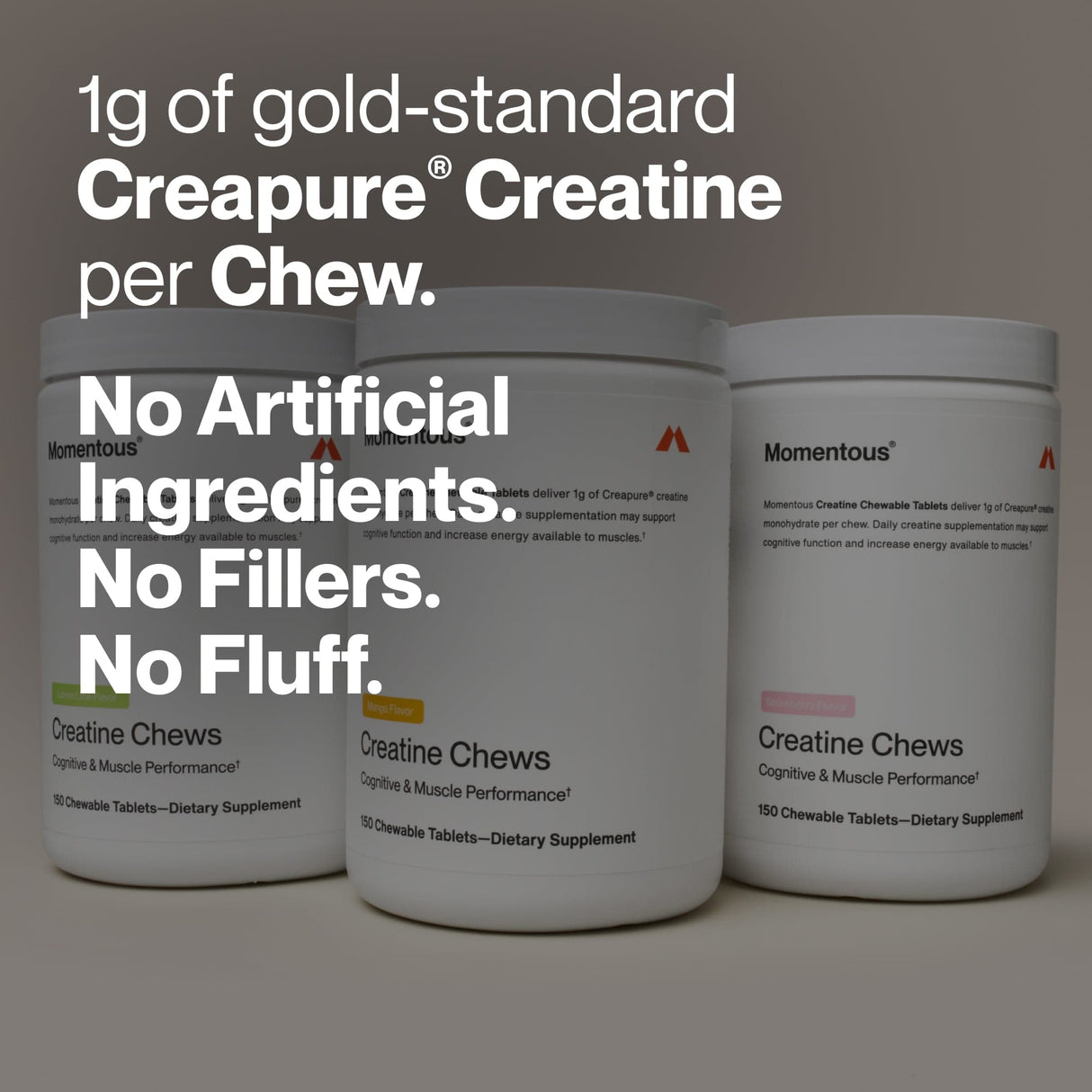 Three containers of Momentous Creatine Chews by Momentous are shown, highlighting 1g of Creapure® creatine monohydrate per chew and the absence of artificial ingredients, fillers, or fluff in these convenient, chewable supplements.