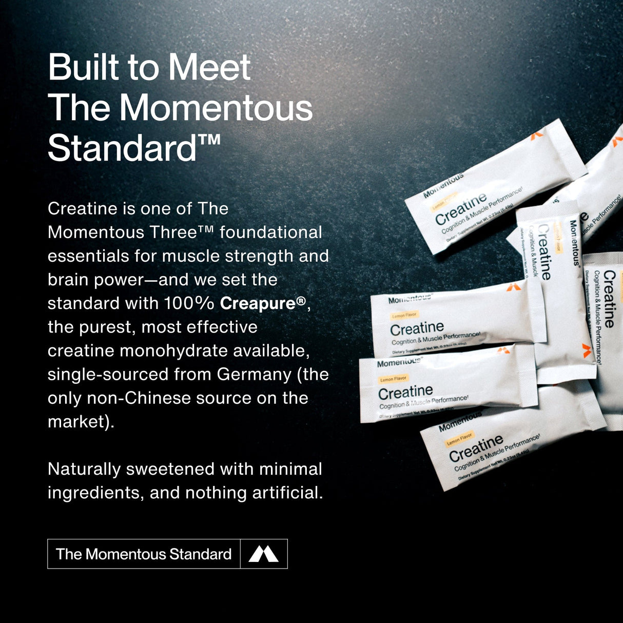 Momentous Creatine 15-Travel Packs by Momentous are shown on a dark background, highlighting their pure, German-sourced formula that supports muscle recovery and contains no artificial ingredients.