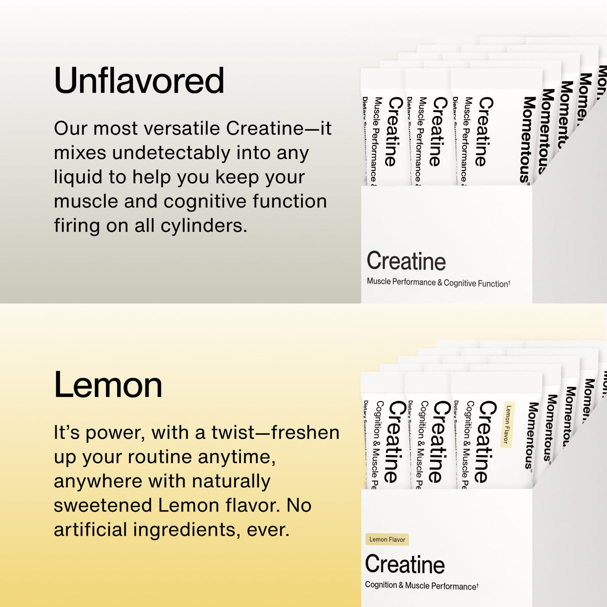 Split image shows two Momentous Creatine 15-Travel Packs—unflavored above and lemon below. Each white stick pack contains pure creatine monohydrate, ideal for muscle recovery and travel.