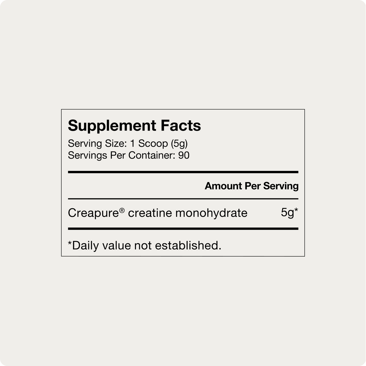 Momentous Creatine by Momentous: Supplement facts label lists a 5g scoop serving size, 90 servings per container, each with 5g Creapure creatine monohydrate to support muscle growth. Daily value not established.