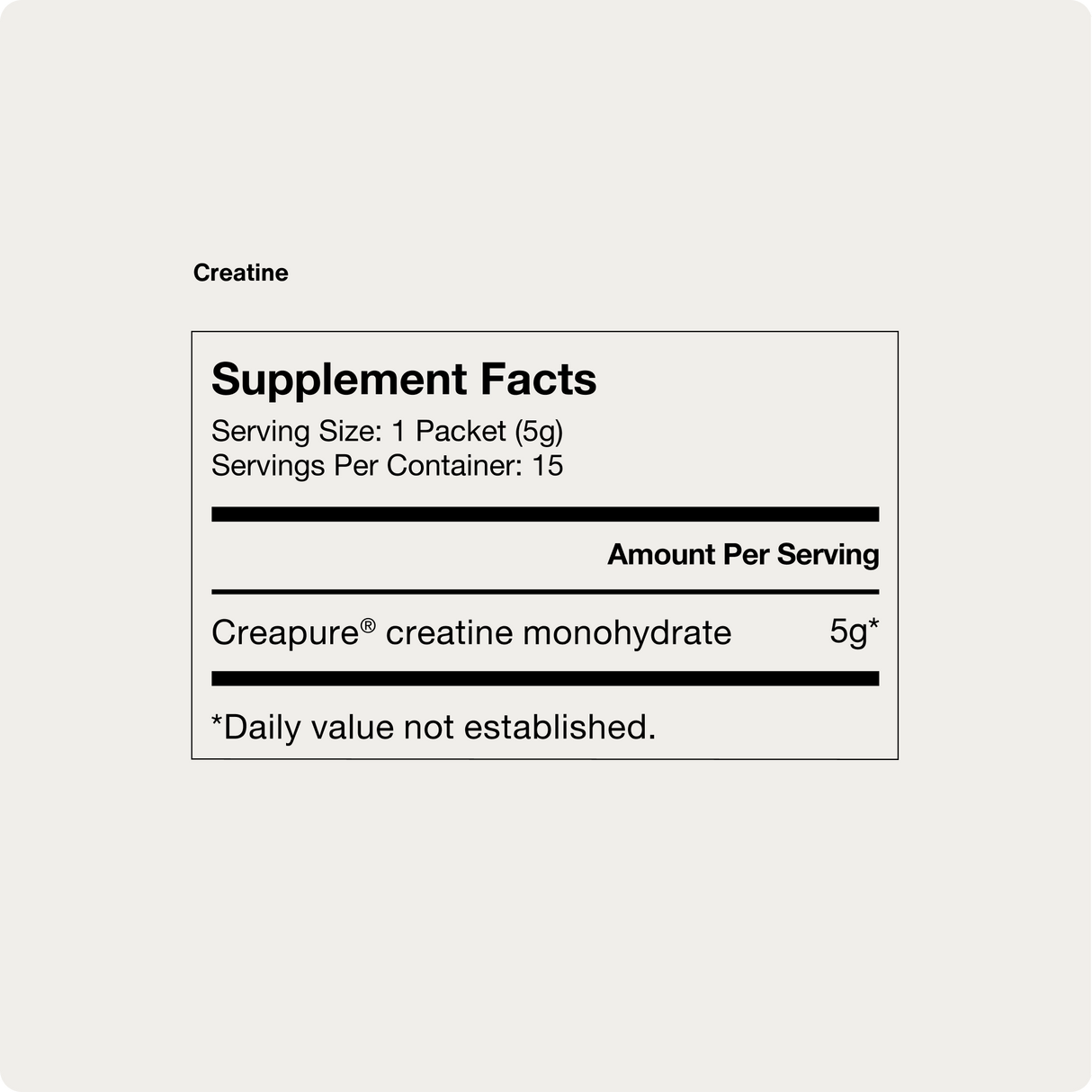 The Momentous Creatine 15-Travel Packs supplement facts label shows 5g Creapure creatine monohydrate per serving with 15 servings per container. Ideal for muscle recovery. Daily value not established.