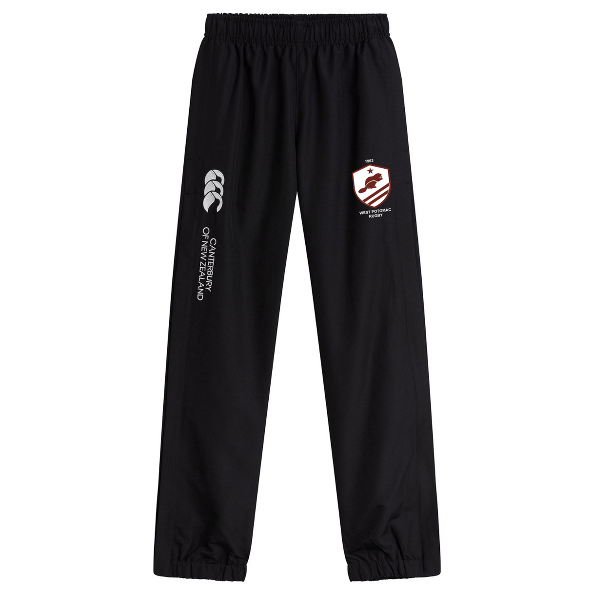 The West Potomac RFC Cuffed Hem Stadium Pant by EMB Canterbury features an elastic waist and cuffs, plus the Canterbury of New Zealand logo and red and white shield on the front—ideal as men’s cuffed hem stadium pants.