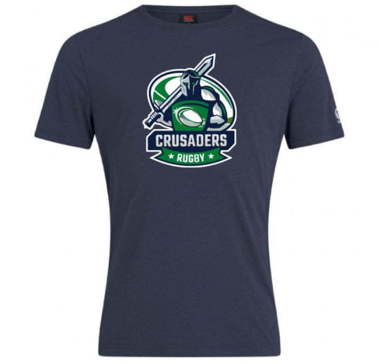 The Naperville Crusaders Frosh Soph Champions Club Plain Tee by WRS Canterbury is a navy blue shirt featuring the "Naperville Crusaders Rugby" logo with a helmeted figure holding a sword and rugby ball.