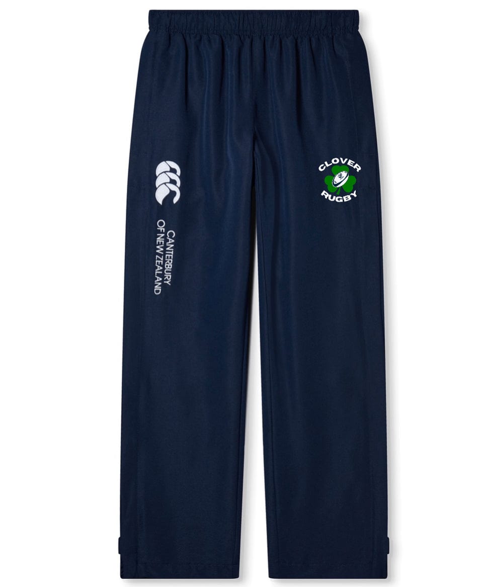 The Clover Blue Eagles Open Hem Stadium Pant by EMB Canterbury showcases a navy blue design, complete with the Canterbury logo and the "Clover Blue Eagles" emblem, encapsulating the essence of rugby.