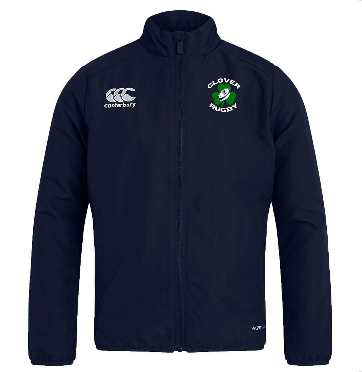A navy blue EMB Canterbury Clover Blue Eagles Club Track Jacket showcasing the iconic "Clover Rugby" logo on the front.