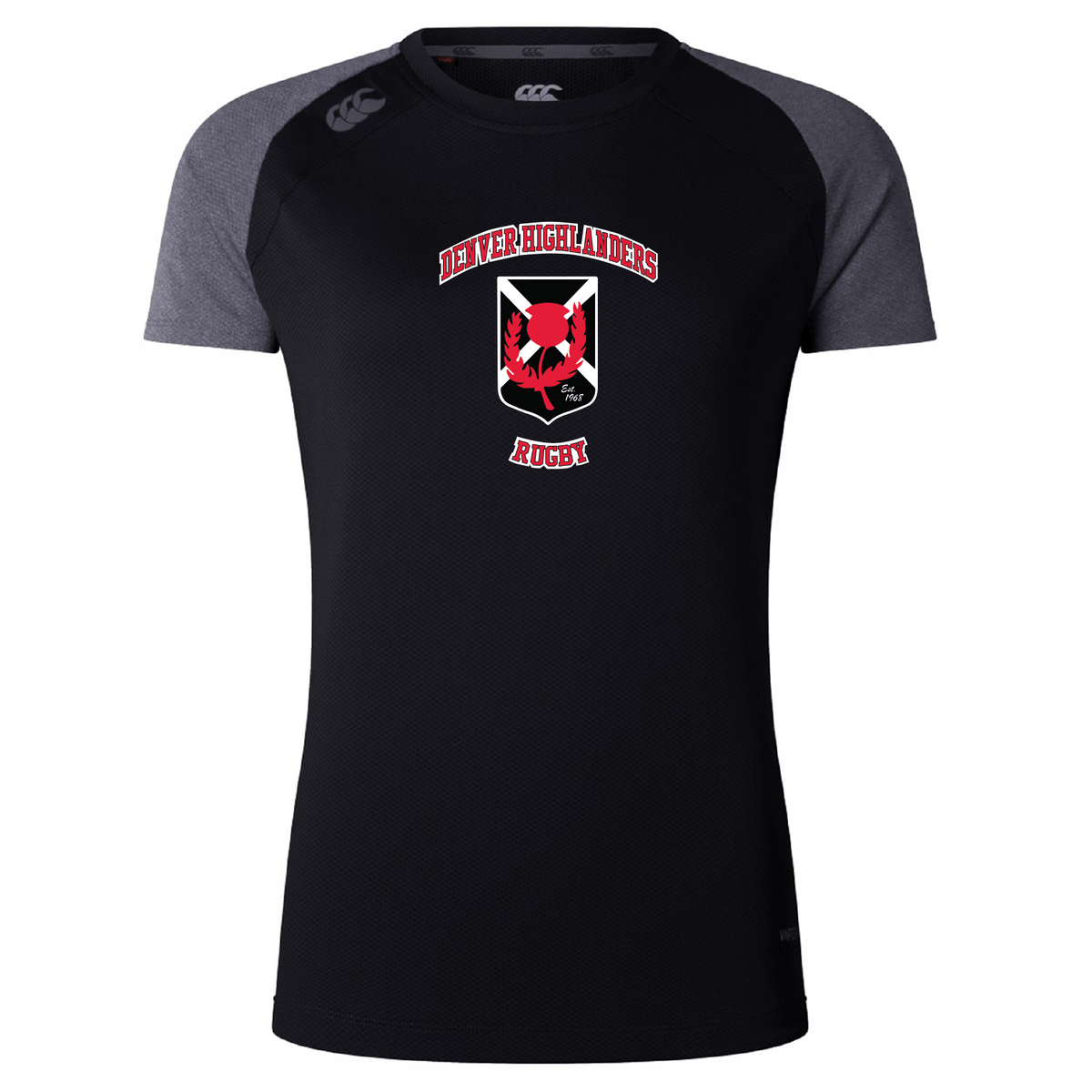 This black and gray short-sleeve tee, known as the Denver Highlanders RFC Women's Elite Training Tee by Canterbury, features a "Denver Highlanders Rugby" logo alongside a red mascot emblem on the front. Designed by WRS Canterbury with Vapodri technology, it offers lightweight fabric ideal for women's elite training.