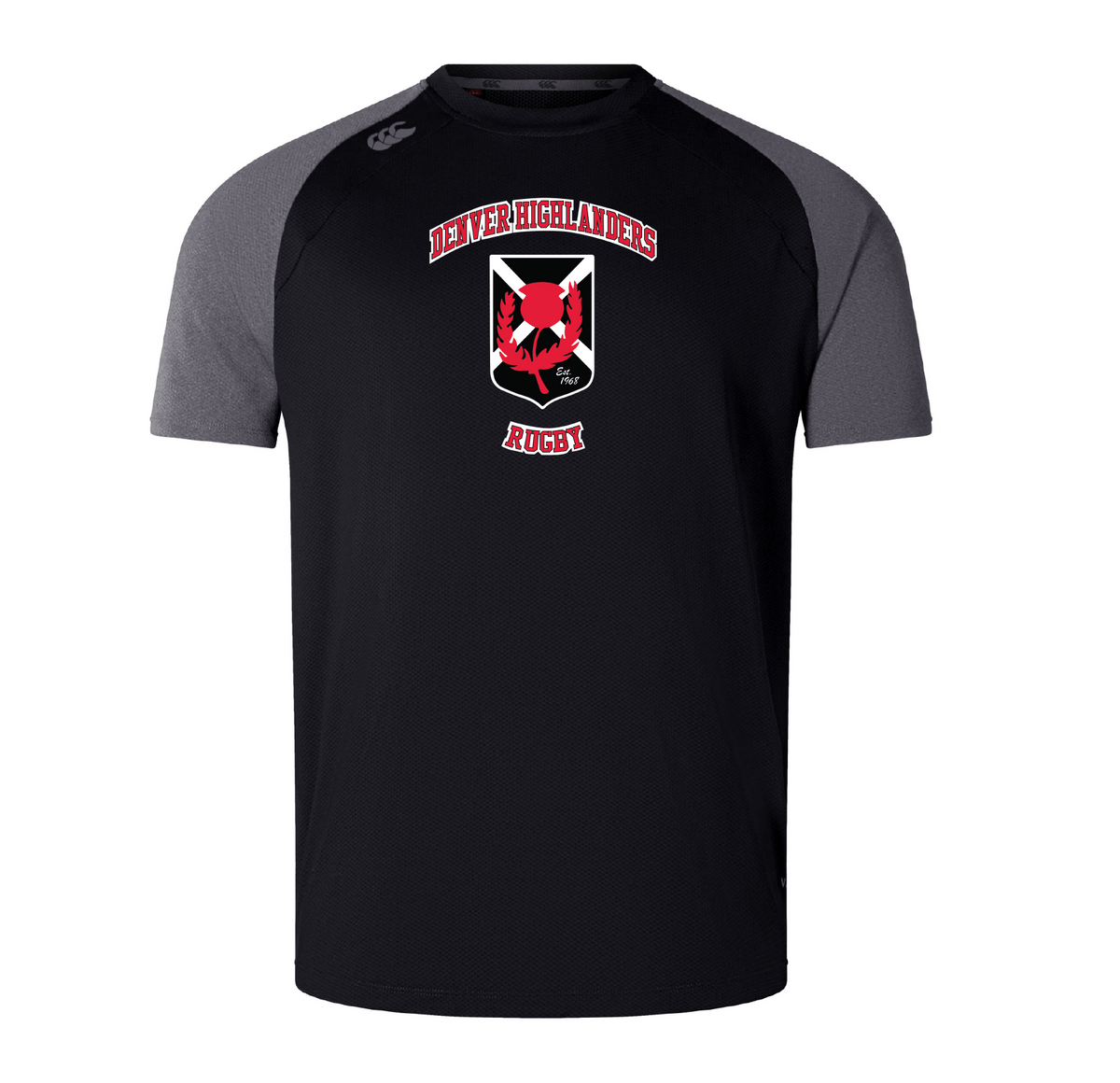 The Denver Highlanders RFC Elite Training Tee by WRS Canterbury is a black and gray shirt featuring the "Denver Highlanders Rugby" logo on the chest, crafted with Vapodri fabrics for optimal performance.