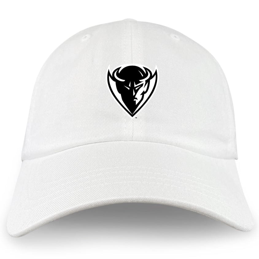 The DePaul University Adult Low-Profile Cotton Twill Dad Cap by EMB S&S Activewear features an embroidered black and white bull head logo on the front center.