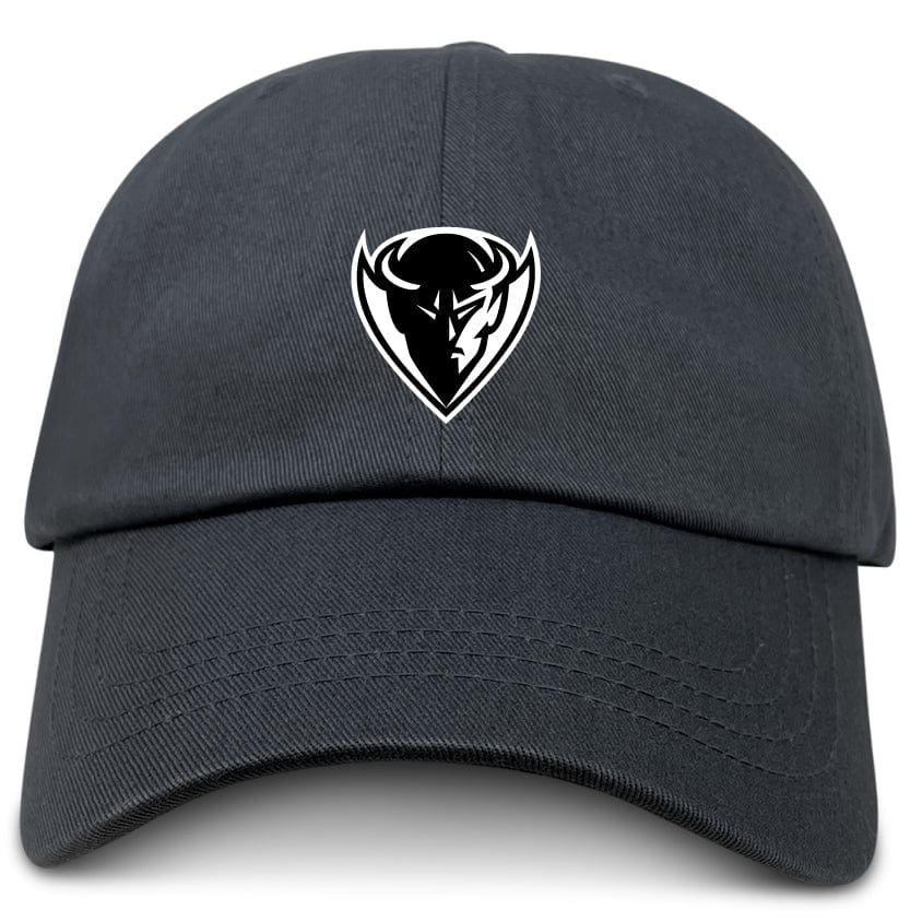 The EMB S&S Activewear DePaul University Adult Low-Profile Cotton Twill Dad Cap is black with a white and black stylized bull head logo embroidered on the front.