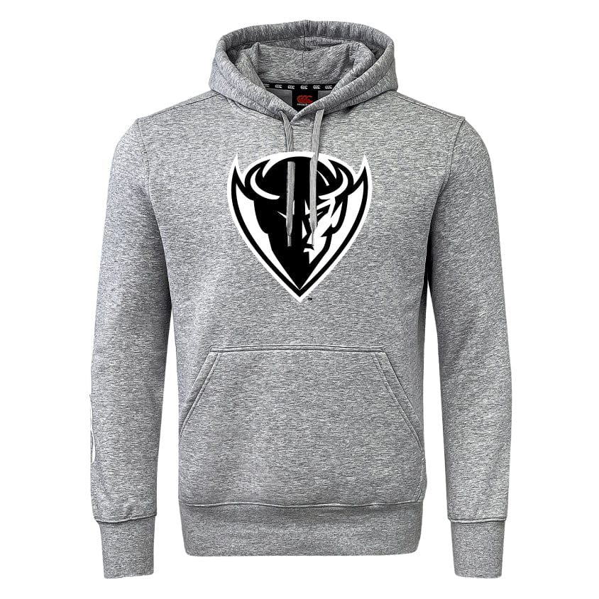 The DePaul University Club Hoodie by WRS Canterbury is a gray hoodie featuring a black and white stylized bull logo on the chest, complemented by a kangaroo pocket and a drawstring hood. It is crafted from 300gsm sweatshirt fleece, with optional customization available.