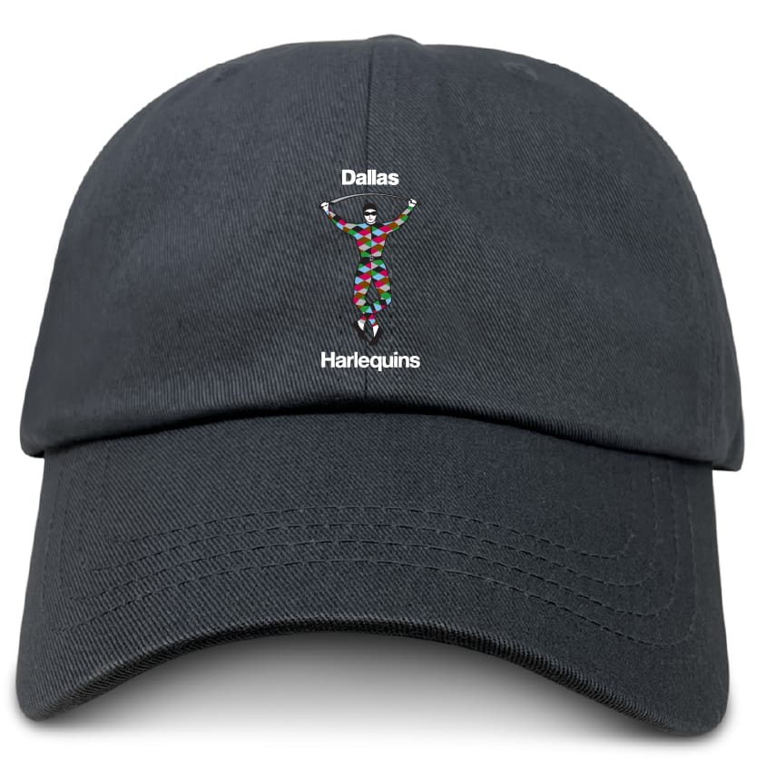 The EMB S&S Activewear Dallas Harlequins Adult Low-Profile Cotton Twill Dad Cap is black with a colorful embroidered jester in diamond patterns and "Dallas Harlequins" team branding above and below the design.