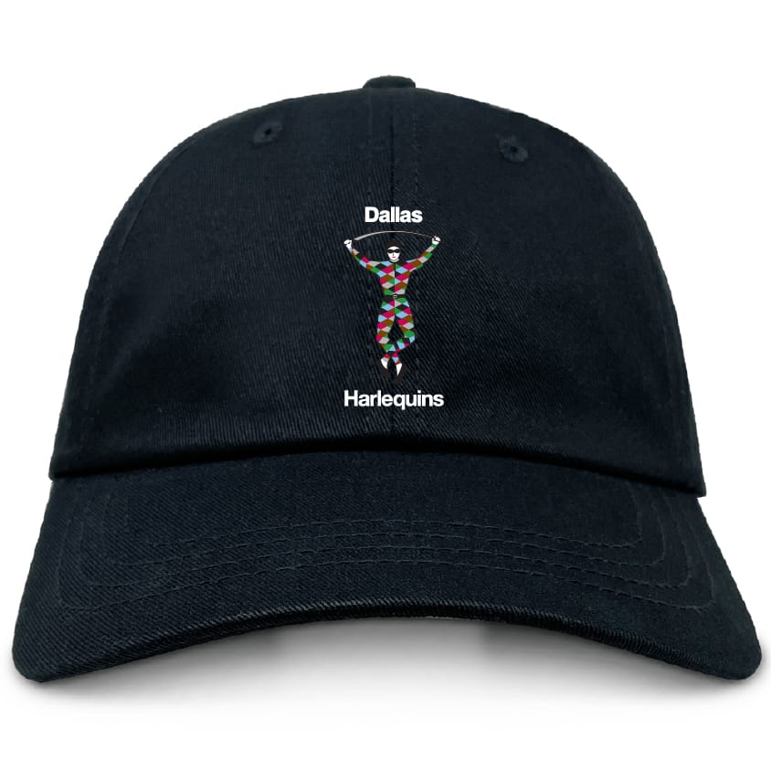 The Dallas Harlequins Adult Low-Profile Cotton Twill Dad Cap by EMB S&S Activewear features a durable cotton twill build and a colorful harlequin figure embroidered between “Dallas” and “Harlequins” for standout team style.