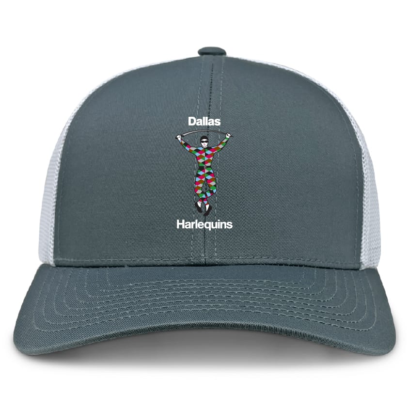 The Dallas Harlequins Retro Trucker Cap by EMB S&S Activewear features gray and white panels, an embroidered multicolored harlequin with "Dallas" above, "Harlequins" below, and a classic snapback closure for the perfect fit.
