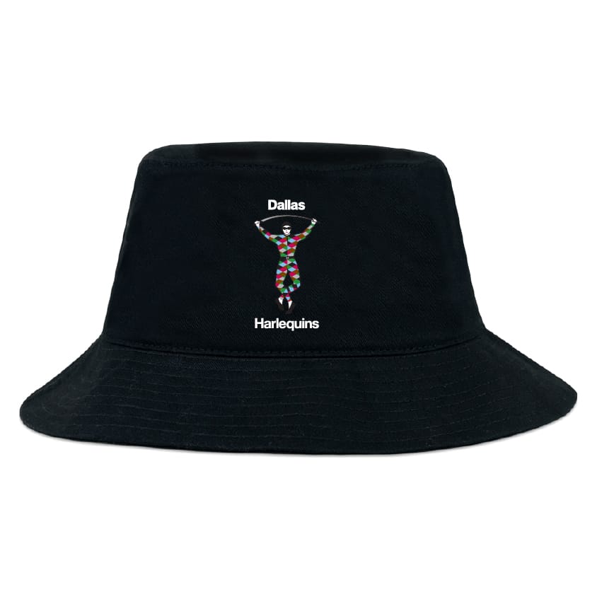 The Dallas Harlequins Crusher Bucket Cap by EMB S&S Activewear features a black cotton twill build with a vibrant harlequin figure, “Dallas” above, and “Harlequins” below—combining unique style and sun protection.