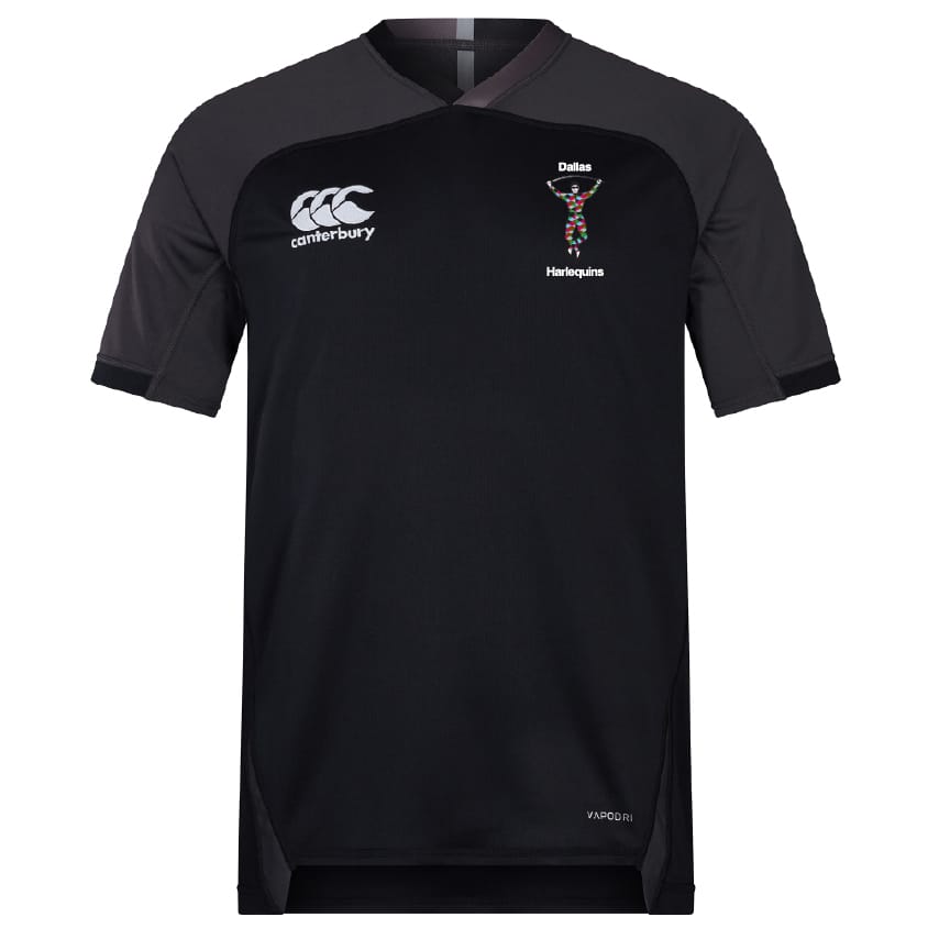 The Dallas Harlequins Vapodri Evader Jersey by EMB Canterbury features black fabric, dark gray shoulder panels, moisture-wicking Vapodri tech, a Canterbury logo on the right chest, and the Dallas Harlequins logo on the left.