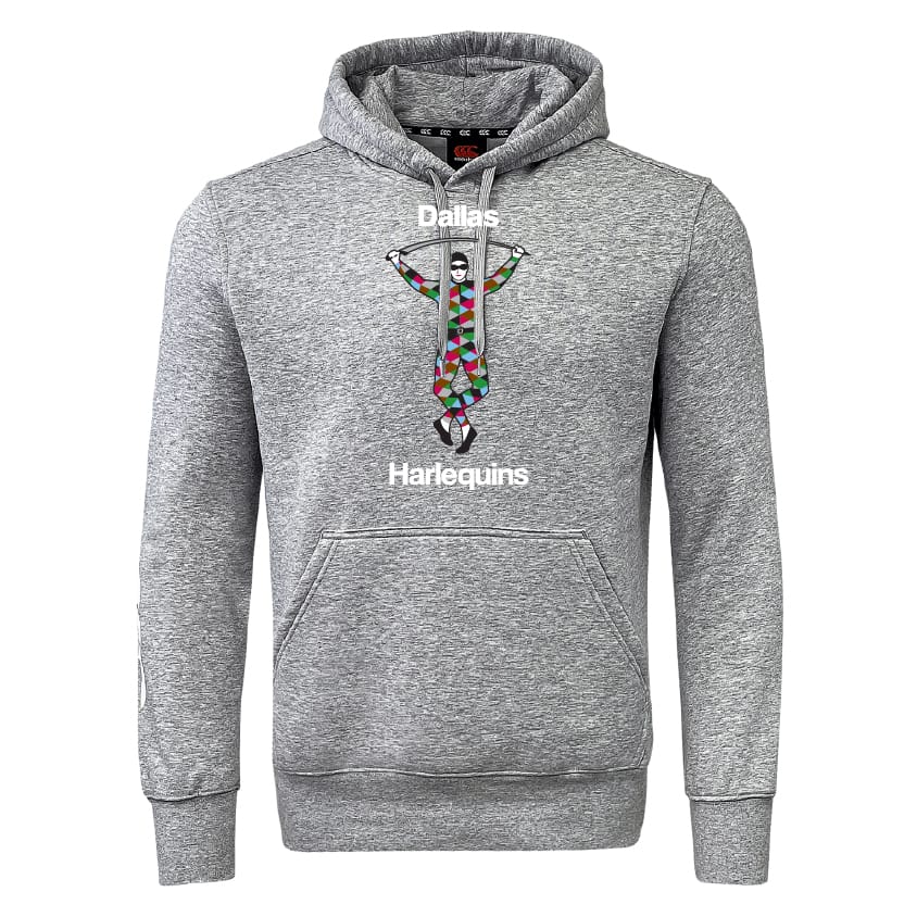 The Dallas Harlequins Club Hoodie by Canterbury, from WRS Canterbury, is a grey hoodie with a colorful harlequin figure and "Dallas Harlequins" text on the front—custom designed for team fans.