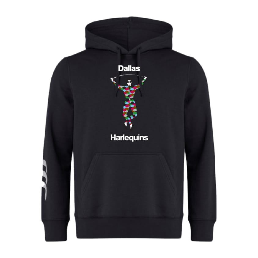 The Dallas Harlequins Club Hoodie by WRS Canterbury features a vibrant harlequin design, "Dallas" above and "Harlequins" below, crafted from soft sweatshirt fleece for comfort and style.