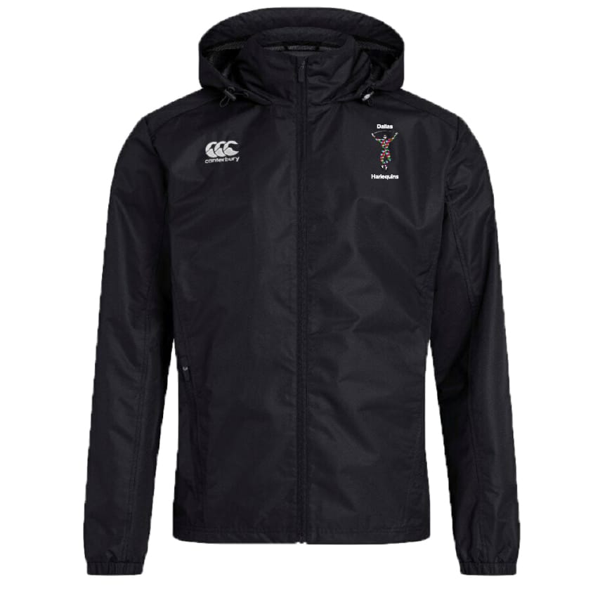 Stay comfortable in the EMB Canterbury Dallas Harlequins Club Vaposhield Full Zip Rain Jacket, featuring water-resistant VapoShield tech, Canterbury logo on the right chest, and "Dallas Harlequins" with emblem on the left.