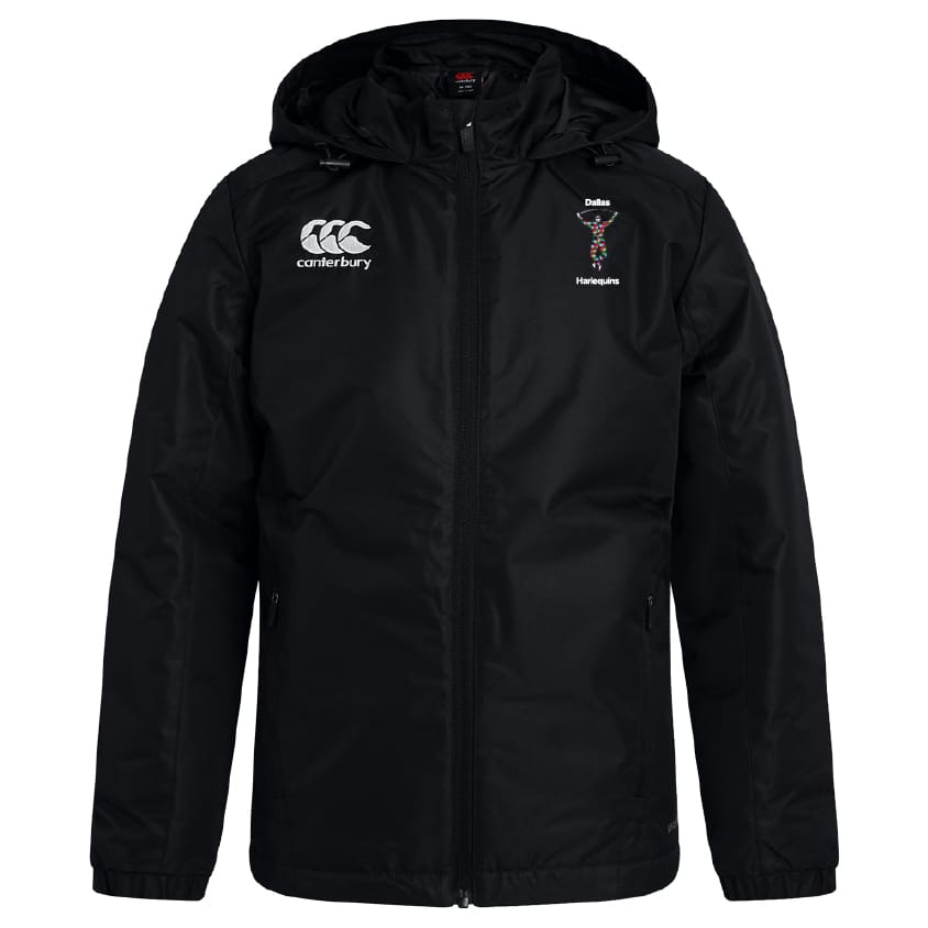 The Dallas Harlequins Club Vaposhield Stadium Jacket by EMB Canterbury is a black hooded rugby jacket with a front zipper, VapoShield water-repellent tech, white Canterbury logo on the right chest, and Dallas Harlequins emblem on the left.