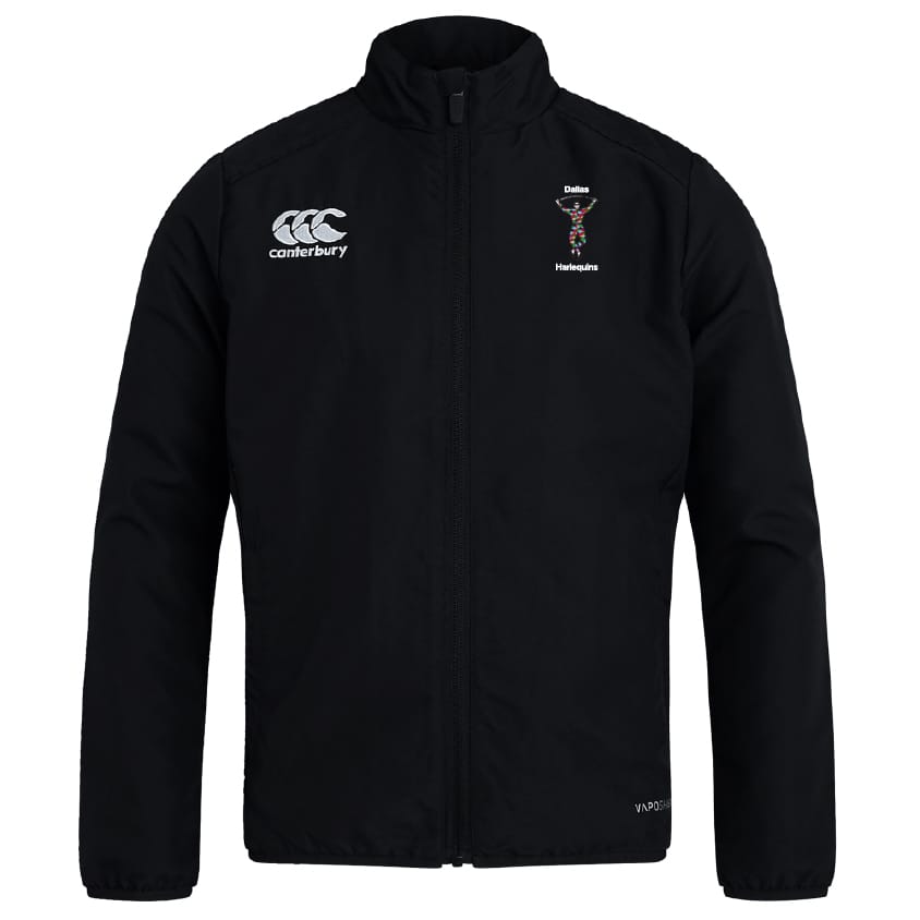 The Dallas Harlequins Club Track Jacket by Canterbury is a lightweight black jacket with a front zipper, featuring the EMB Canterbury logo on the left chest and a Cheshire Hockey logo on the right chest.