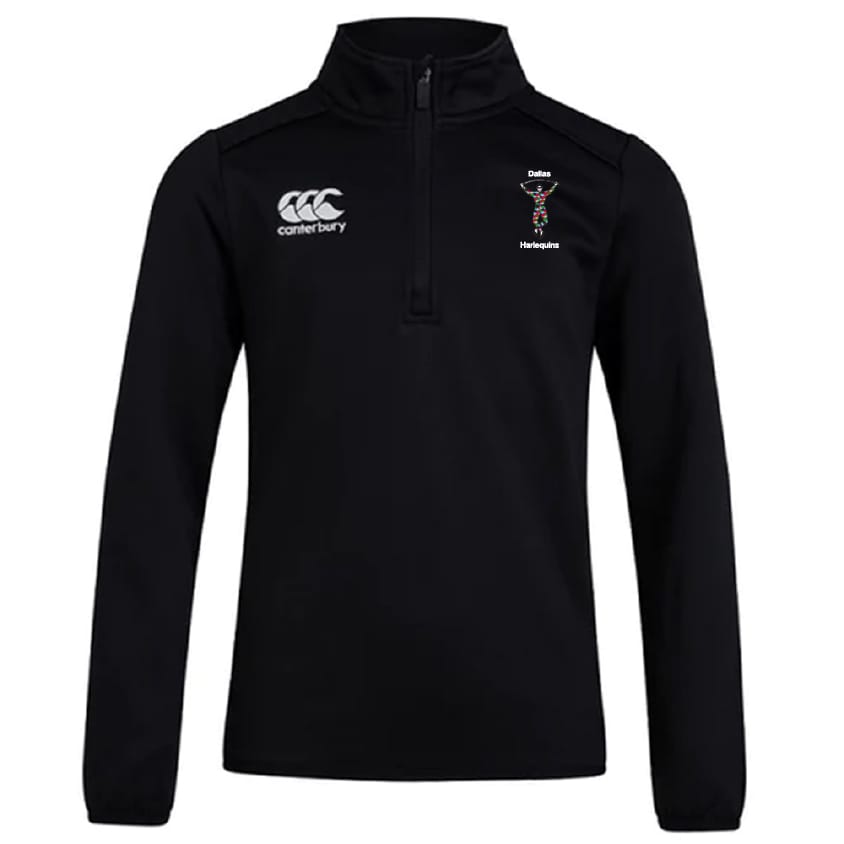 The Dallas Harlequins Club 1/4 Zip Mid Layer Training Top by EMB Canterbury is a black long-sleeve quarter-zip with the Canterbury logo and a small embroidered Dallas Harlequins crest on the chest.