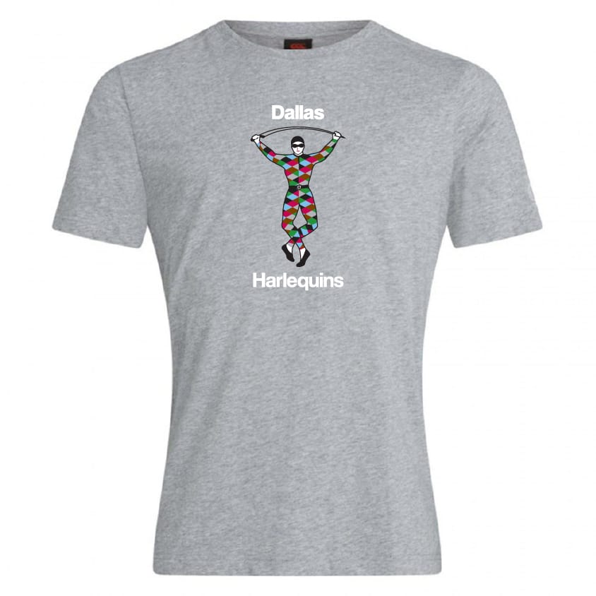 The Dallas Harlequins Club Plain Tee by WRS Canterbury features “Dallas” above and “Harlequins” below a colorful harlequin figure on gray cotton-heavy fabric, offering both comfort and style.